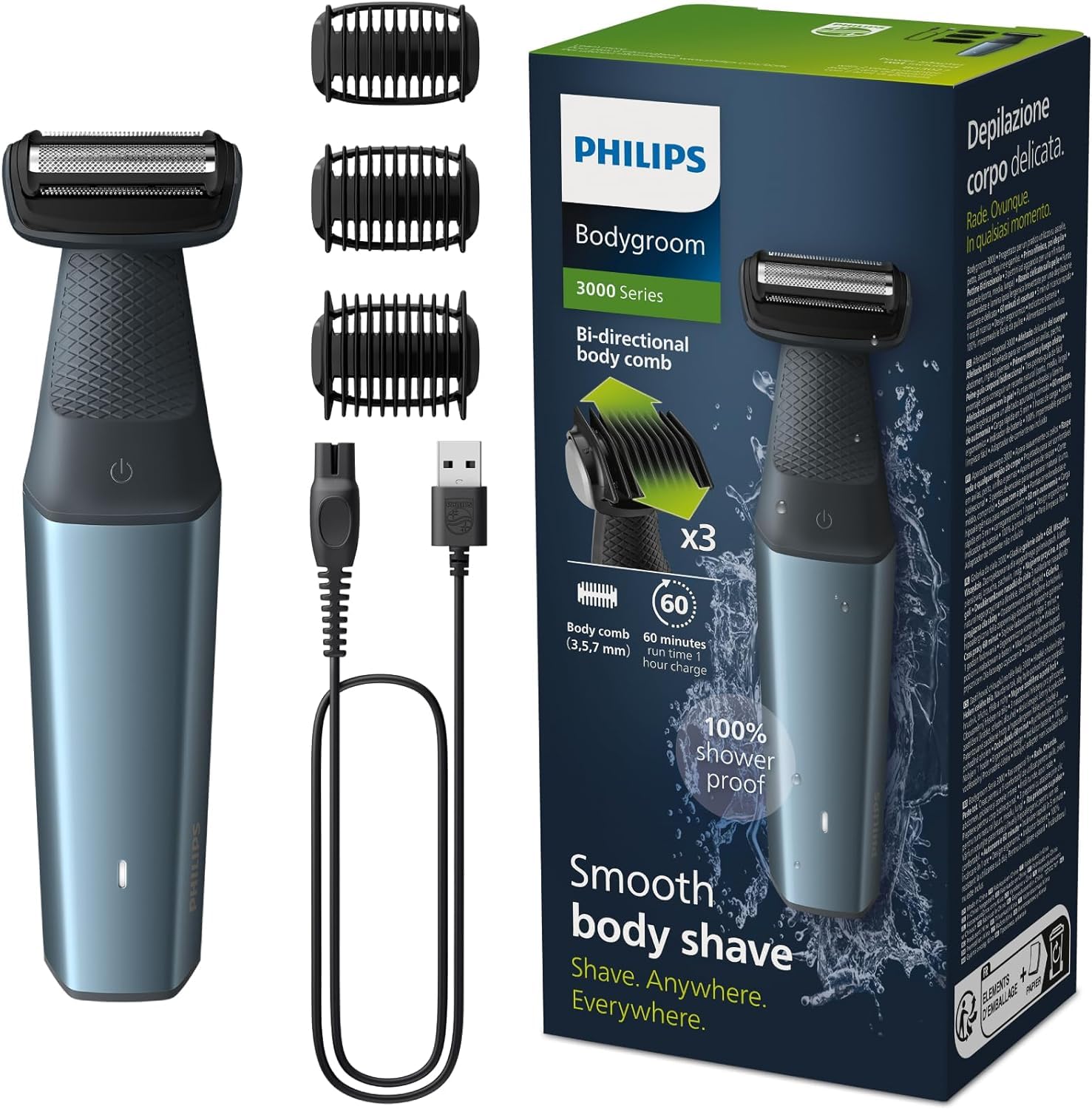 PHILIPSBodygroom Series 3000, Showerproof Groin and Body Trimmer, Close and Comfortable Shave, Complete Body Grooming, 60 Min. Runtime, Model BG3027/03