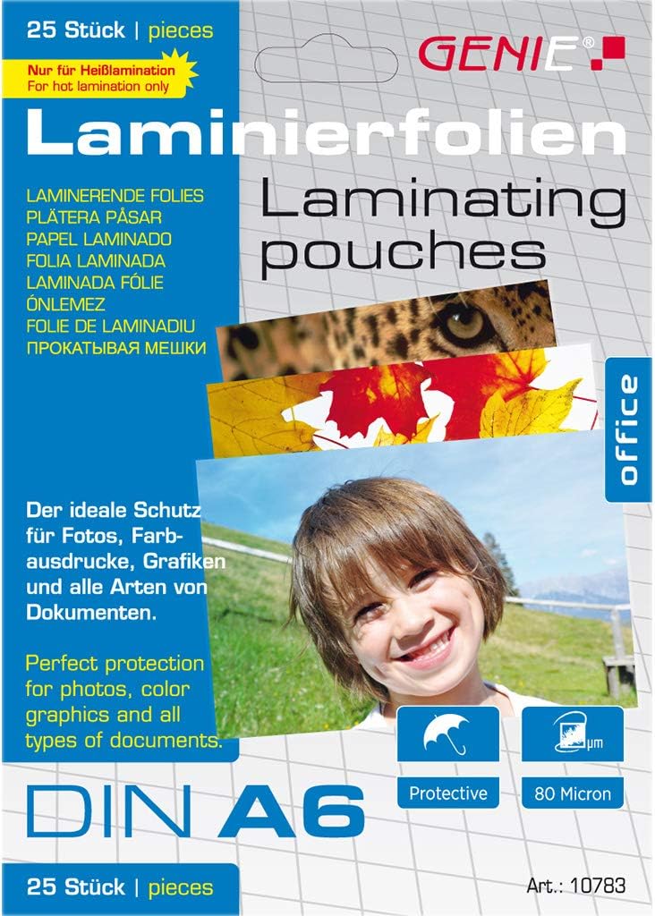 Genie 10781 (Transparent, 80 Micron, Sizes Up to Din A4 Laminating Film Sheets, Suitable for All Heat Nier Devices) Pack of 25