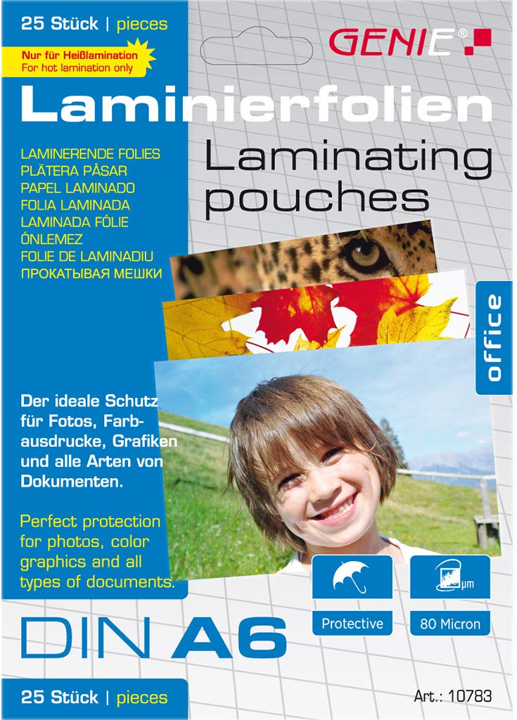 Genie 10783 (Transparent 80 Micron Laminating Pouches, Documents up to DIN A6, Suitable for All Heat Nier Devices) Pack of 25
