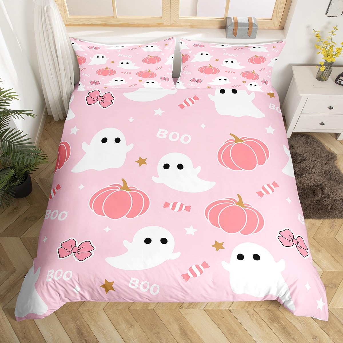 Cartoon Ghost Kids Duvet Cover Set King Size,Bow Tie Pumpkin Candy Star Happy Halloween Bedding Set,Girls Women Room Decor,Cute Ghost Bowknot Pink Romantic Quilt Cover,2 Pillowcases(No Comforter)