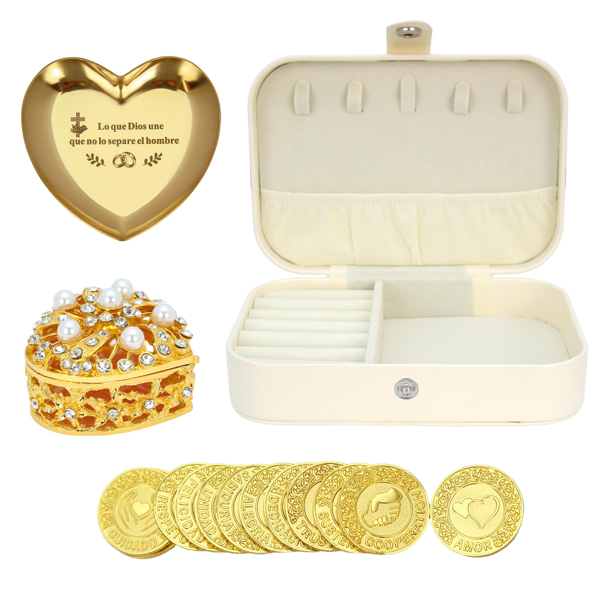 TINGKU - Arras para Boda Católica monedas de boda cristianas, 13 bendiciones únicas, recuerdos de matrimonio significativos caja de cuero Conjunto de monedas de boda española, monedas de oro PLD