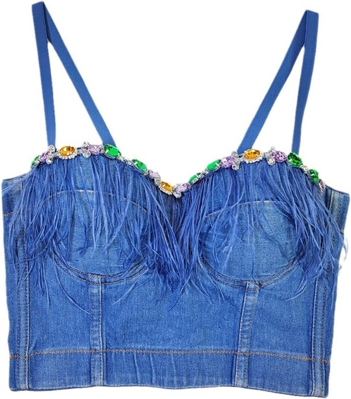 Womens Sexy Vintage Denim Corset Bustier Colorful Diamond Feather Camisole Punk Goth Bra Halter Tops