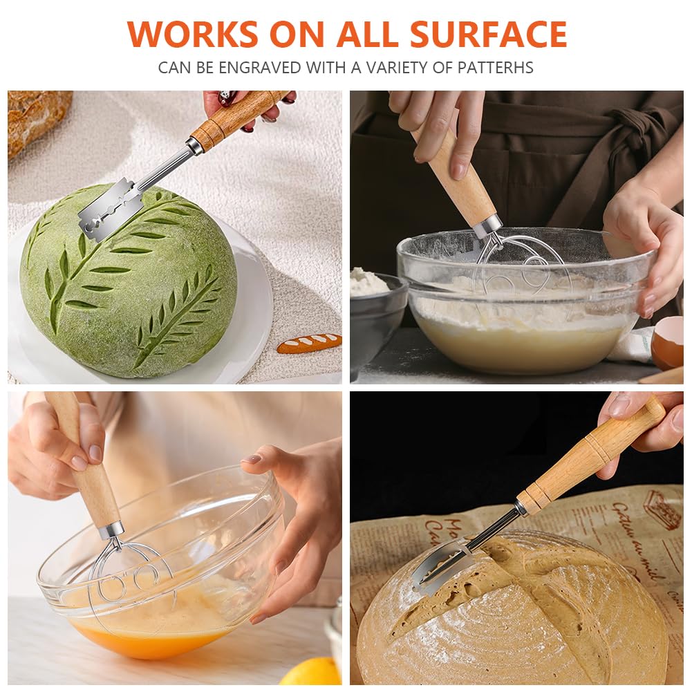 OSDUE Cuchilla Panadero, 4 Piezas Batidor Danés, Cuchilla Panadero Greñar Pan con 10 Hojas & Funda Protectora, Espátula para Masa y Cepillo Hornear, Ideal para Baguettes Masa Pan Casero y Repostería