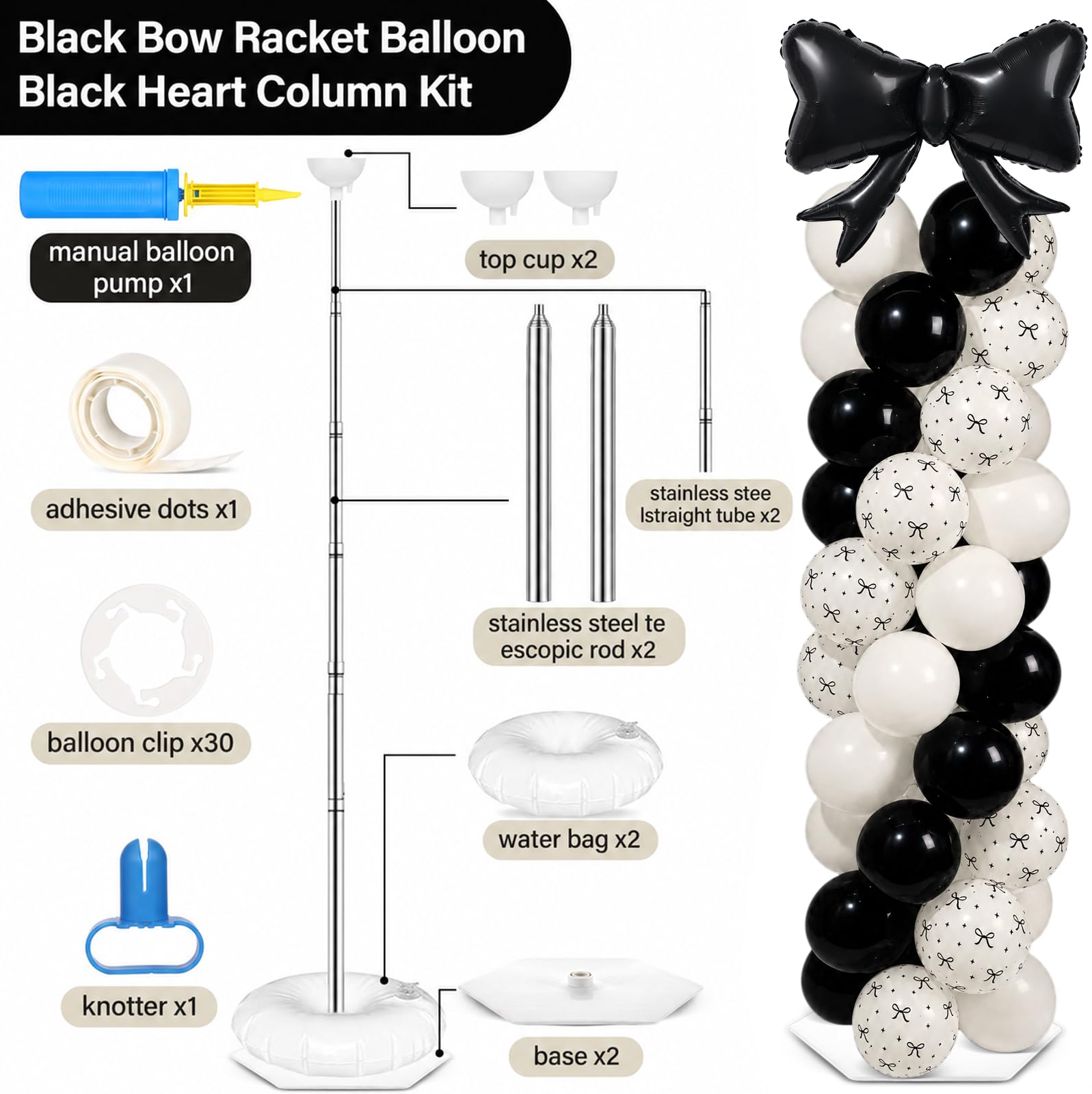 Palloncino a forma di cuore bianco a forma di racchetta con fiocco nero, decorazione con supporto