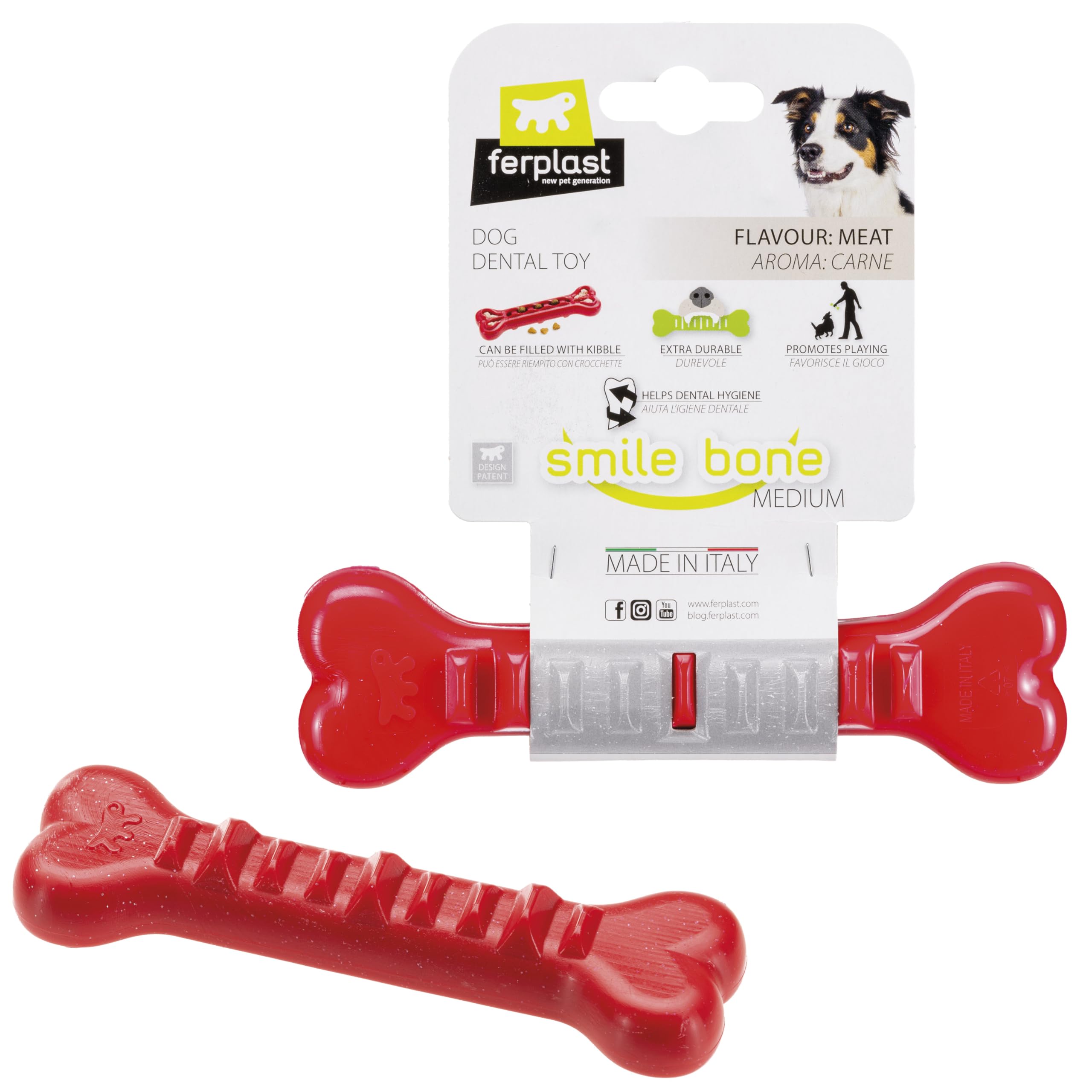 Ferplast Dog Toy, Dog Treat Dispenser Bone, Chew Toy, Made of Durable Material, Meat Flavoured