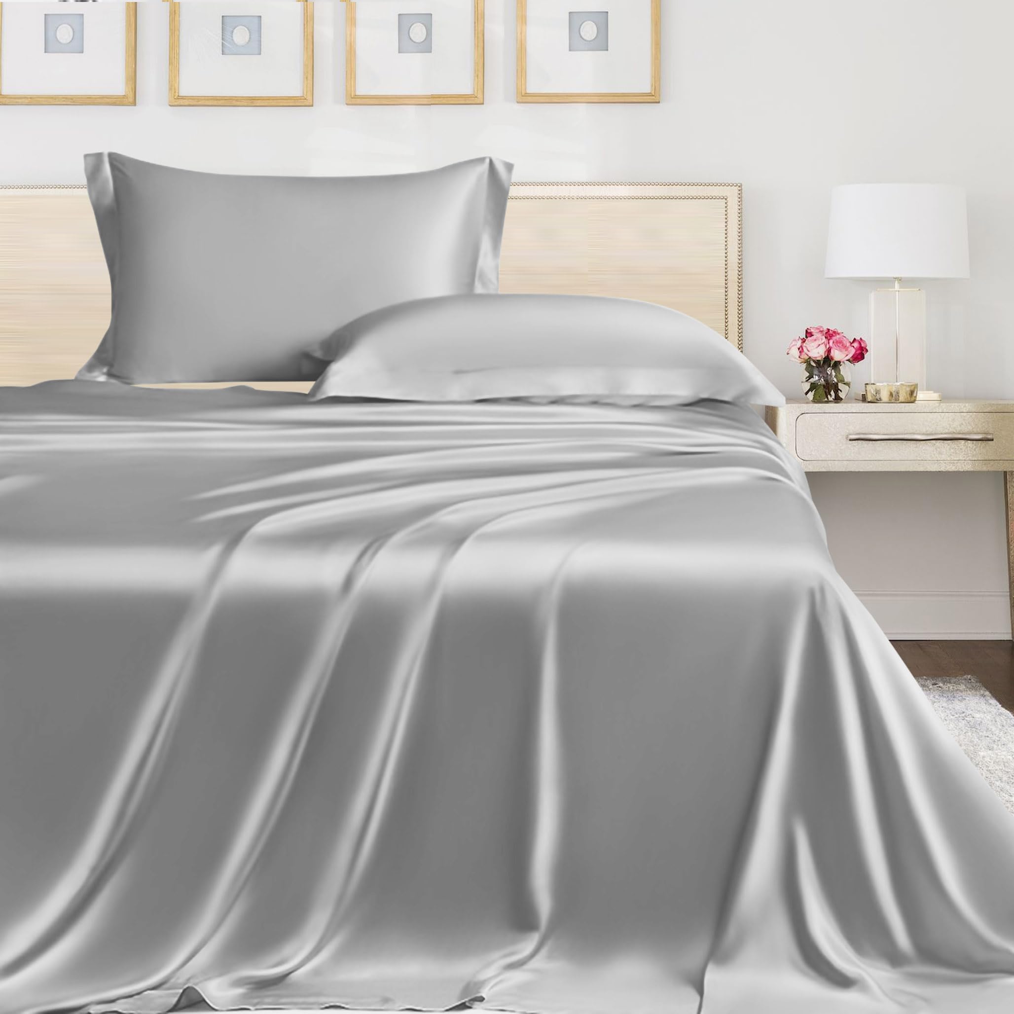 LINENWALAS King Flat Sheet Only, 100% Austrian Tencel Lyocel Silk Sheets, Better Than Egyptian Cotton Premium Hotel Quality Soft Cooling Top Bed Sheet for King Size Bed (Silver, King)