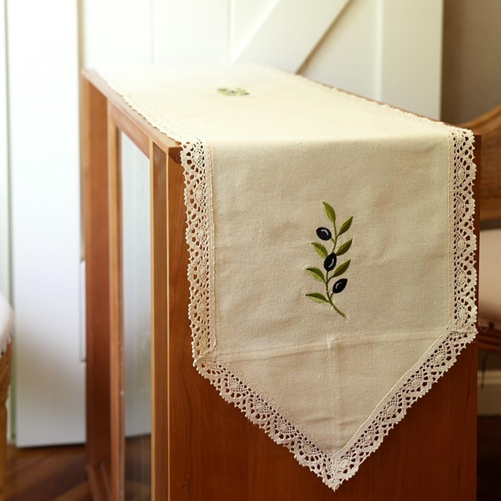 Embroidered Lace-trimmed Table Runner,Nordic Pastoral Style Table Runner,Suitable for Home Decor Such as TV Stands, Coffee Tables, and Shoe Cabinets(Triangolo,L180cm/70.9in)