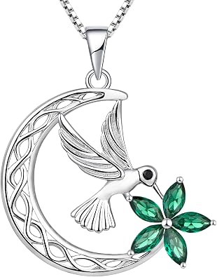 YL Hummingbird Necklace 925 Sterling Silver Celtic Moon Pendant 18k White Gold Plated Flower Jewelry for Women