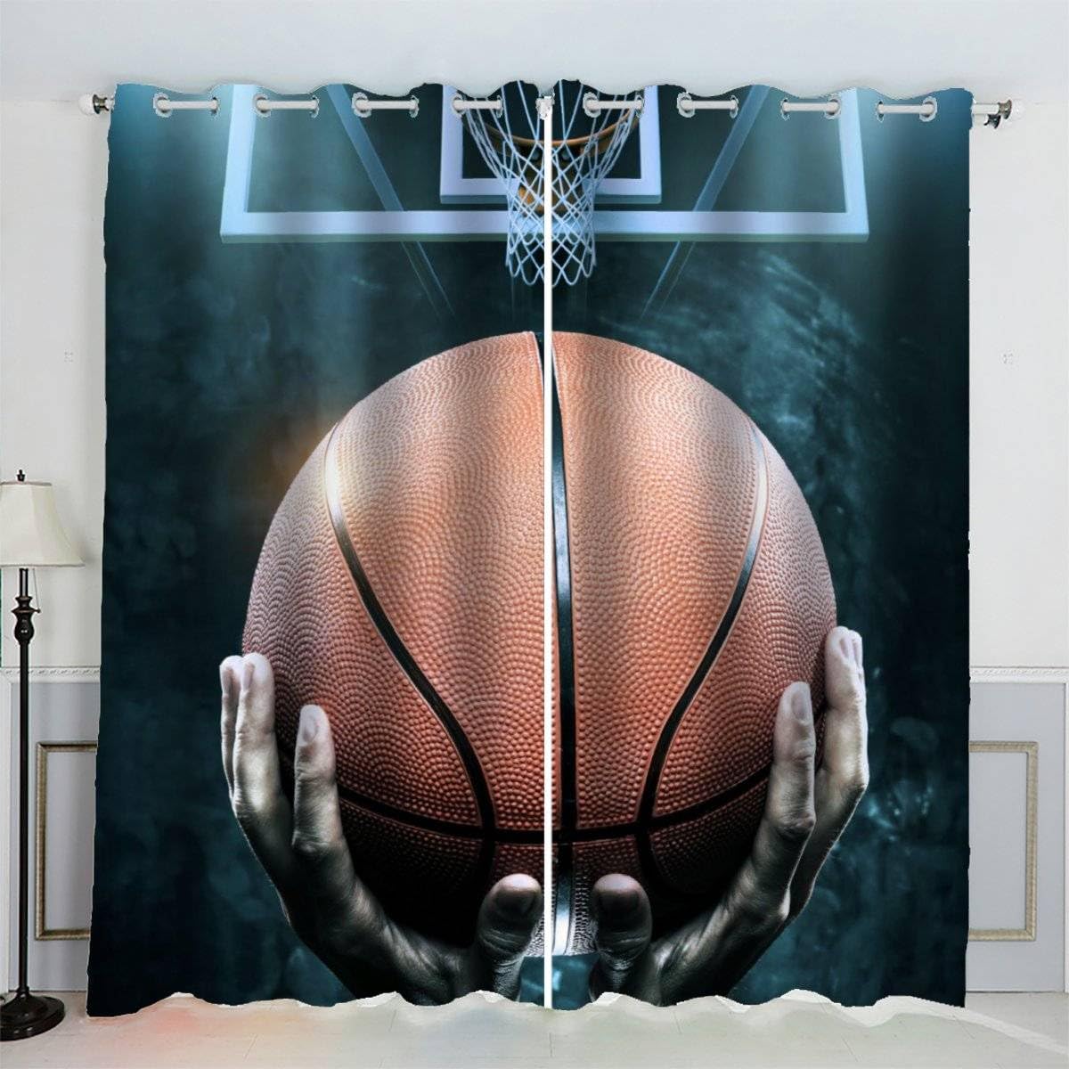 AKATIE Basketball Curtains Basketball Court 3D Pattern Eyelet Thermal Insulated Room Darkening Blackout Window Drapes for Bedroom Living Room Home Decoration (W234xL137cm)