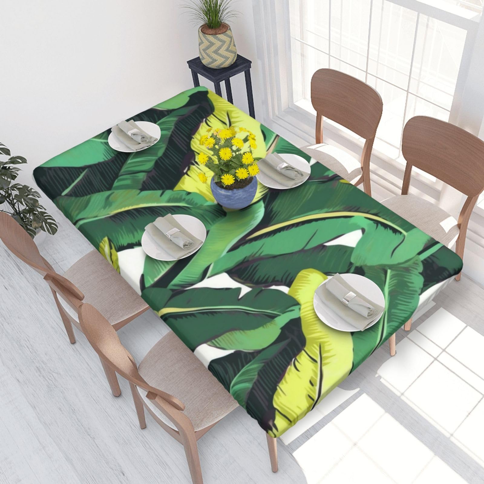 WPKJU Tropical Banana Palm Leaves Printed Tablecloths 4ft Rectangular Table Covers Washable Polyester Decorative Table Cloth for Dining Table Picnic Wedding