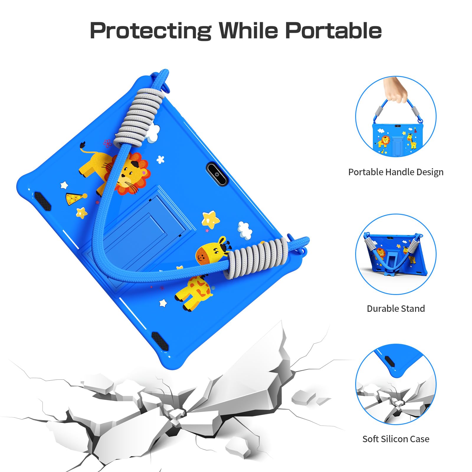 PRITOM Tablet per bambini da 10 pollici con Android 13 da 64 GB, espandibile a 512 GB, doppia fotocamera, tablet per bambini dai 3 anni in su (blu)