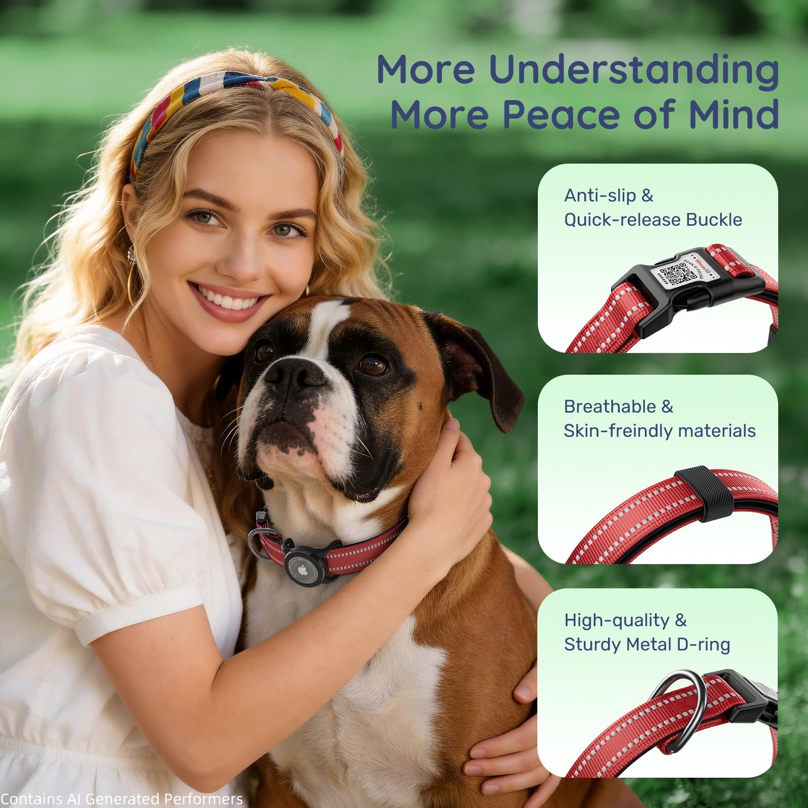 Collar de perro con código QR, collar reflectante para perro, acolchado de neopreno suave y hebilla de bloqueo de seguridad, collar ajustable para mascotas (rojo, M con soporte para Airtag)