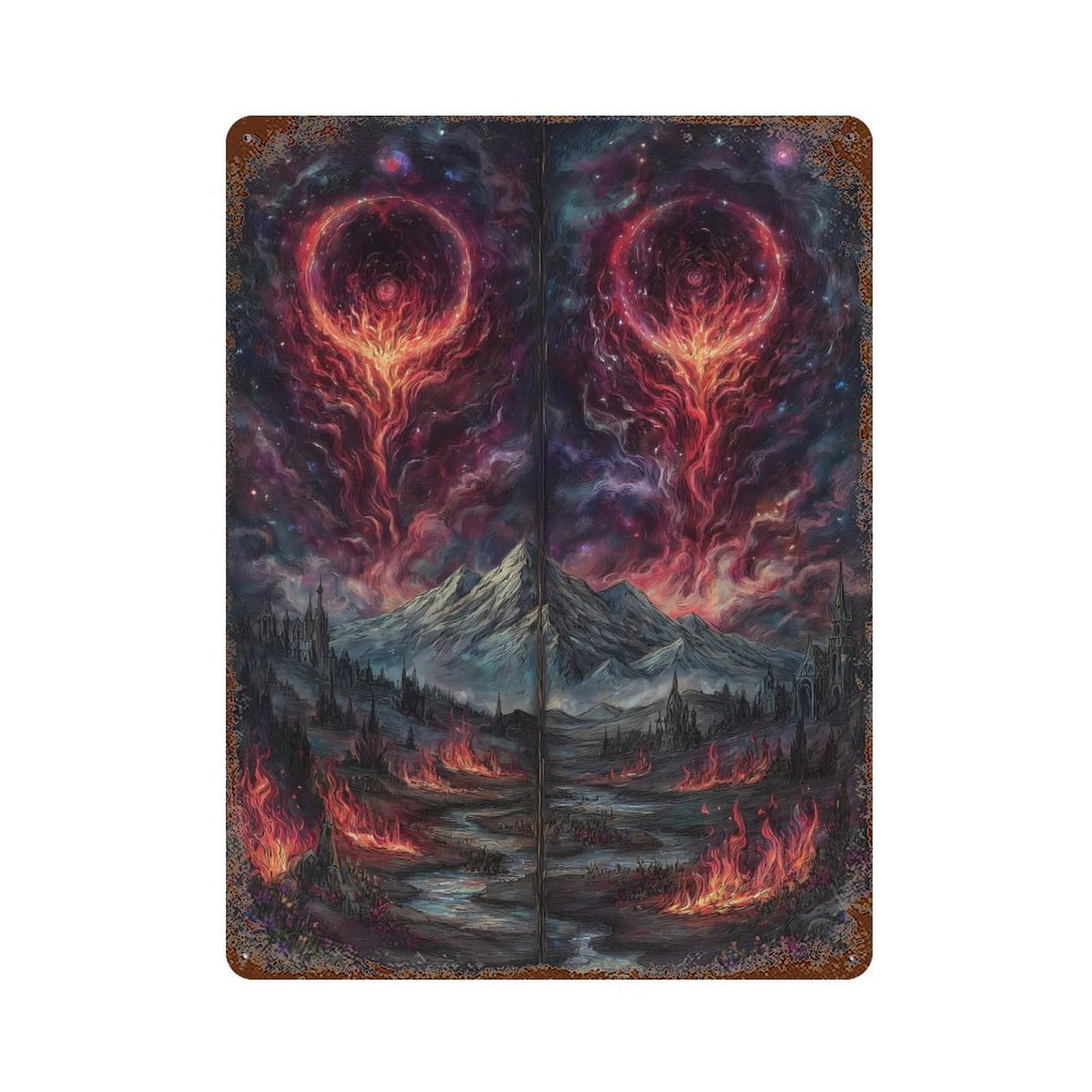 Fiery Landscape with Celestial Rings Vintage Rust Metal Sign 15.7"x11.8", Shabby Chic Decor for Garage, Pub Or Kitchen