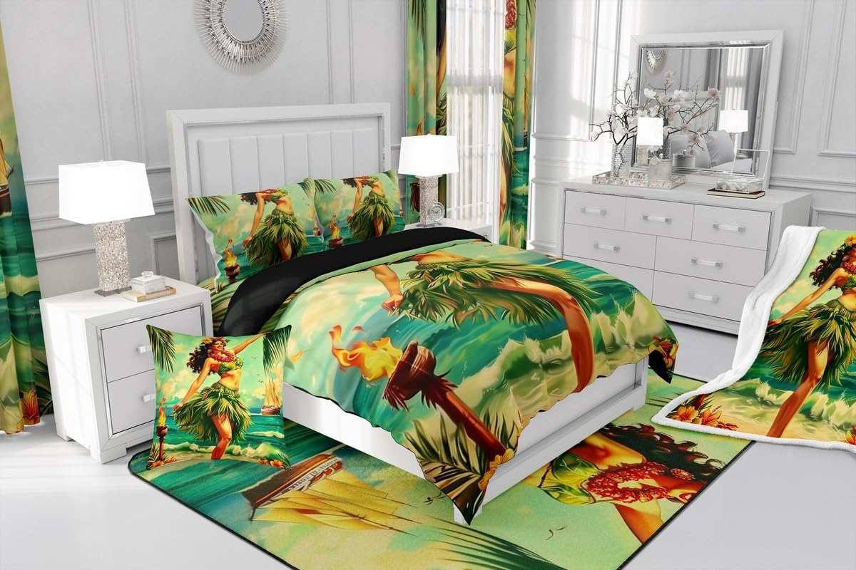 Erosebridal Tiki Bar Bedding Comforter Sets Hula Girl Hawaiian Beauty Bedding Set Tropical Palm Leaves Comforter Set Summer Ocean Sailboat Quilt Duvet Full Size for Kids Boys Girls