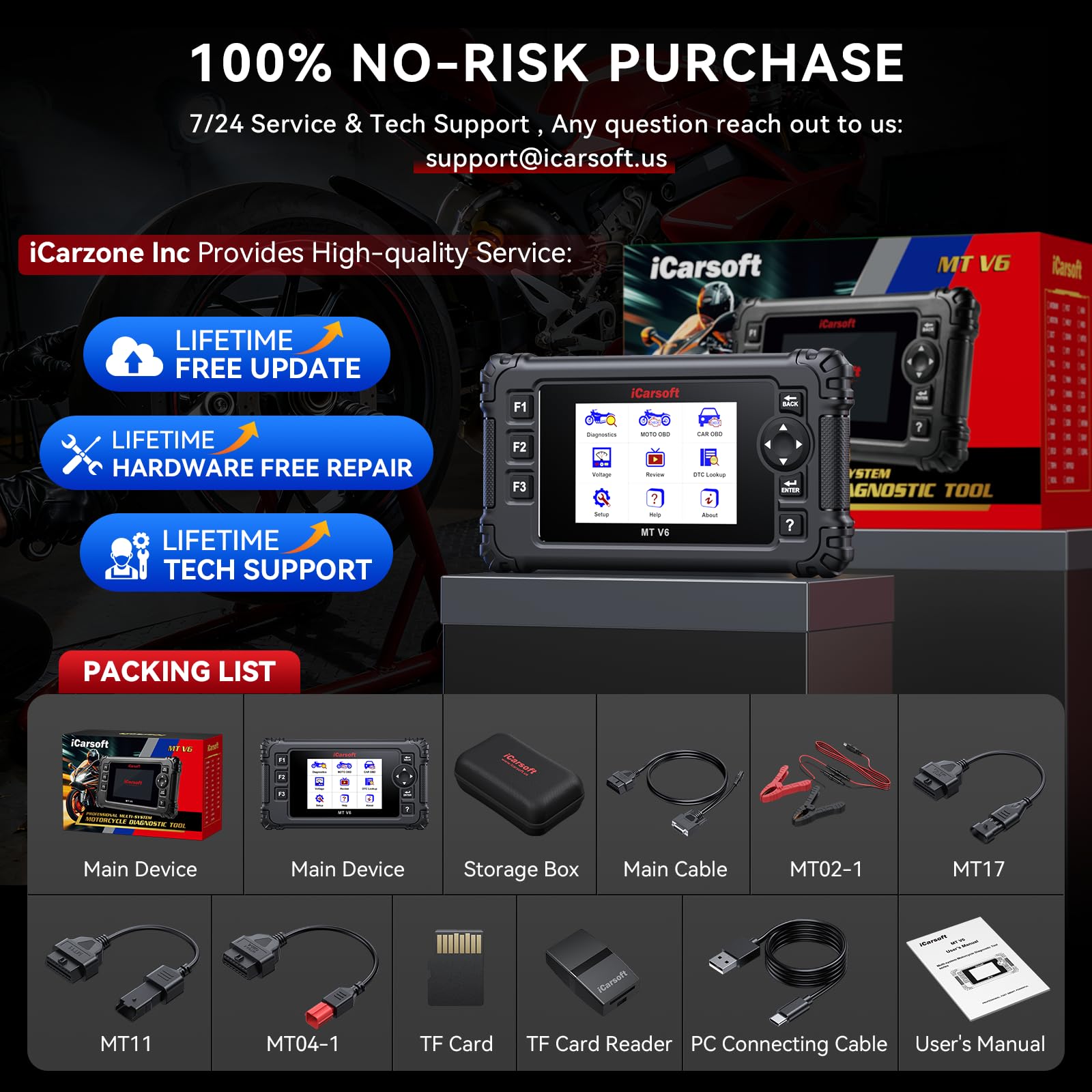 iCarsoft MT V6 Motorrad Diagnosegerät für Ducati, OBD2 Scanner, Vollsystemdiagnose, 153 Wartungsdienste, 112 Bidirektionale Tests, Fehlercodes Auslesen & Löschen, Batterietest – Aktualisierte Version