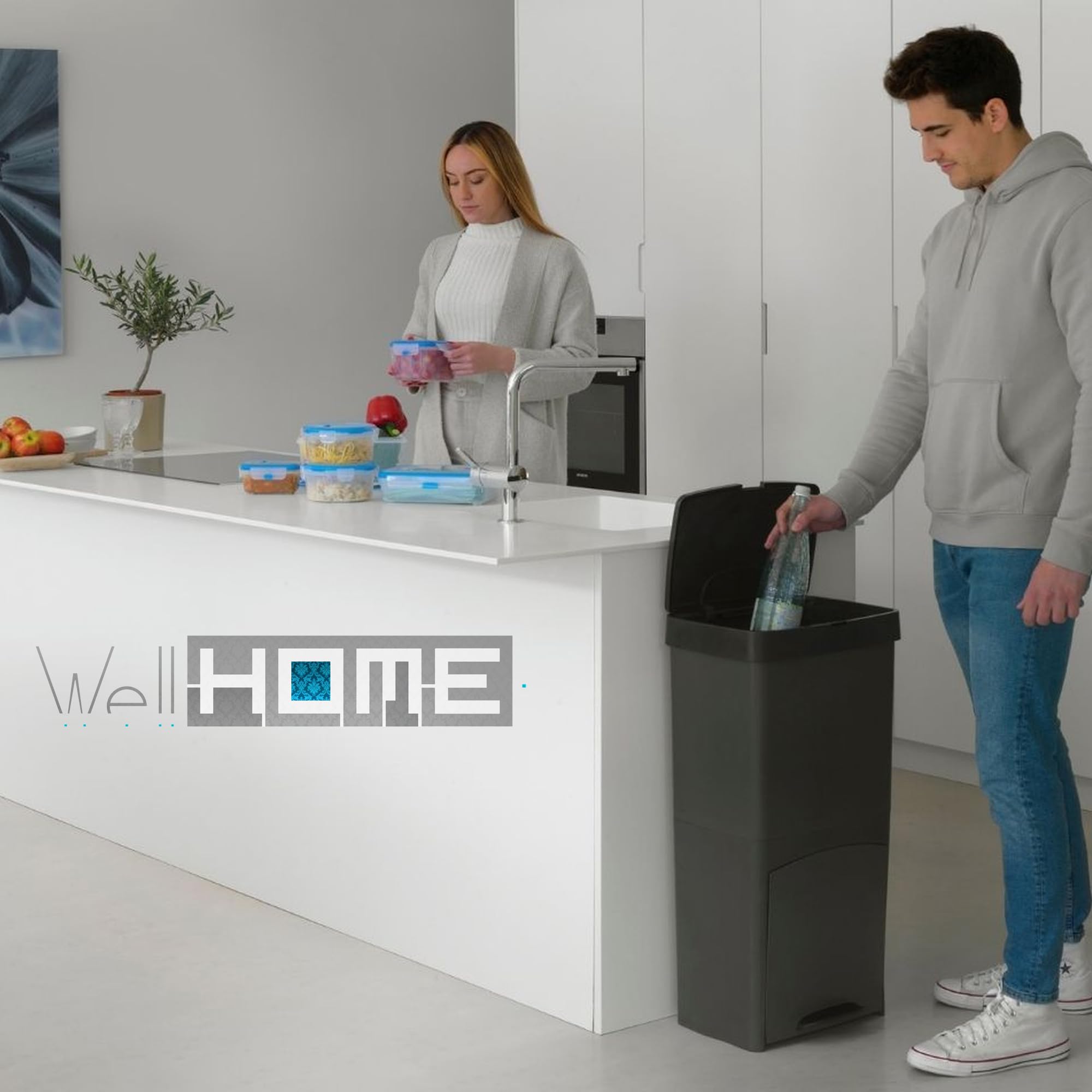WELL HOME MOBILIARIO & DECORACIÓN Cubo de basura 70L, VERTICAL, 2 compartimentos, papelera residuos, 76 cm, Gris