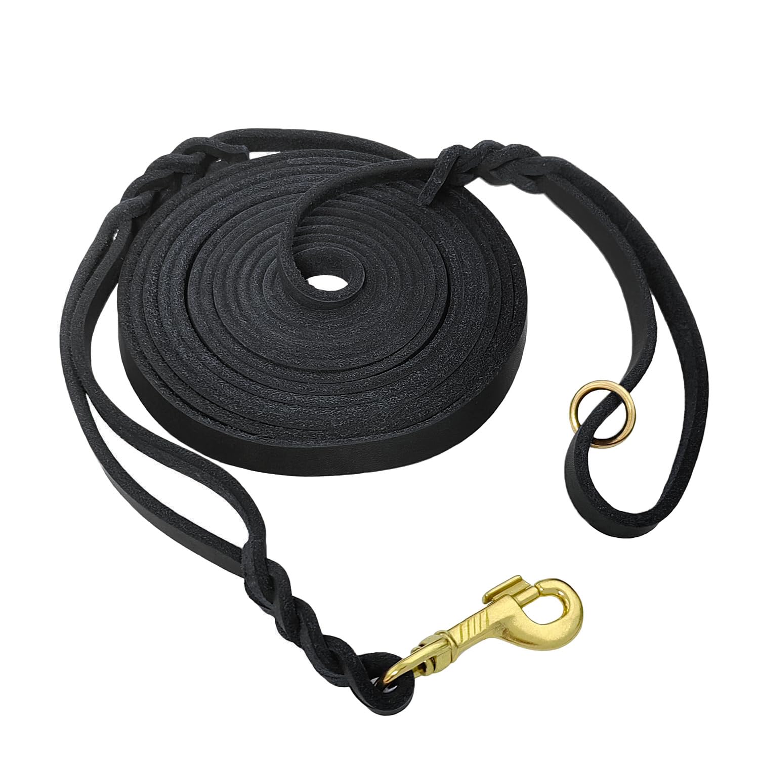 15ft Long Leather Dog Leash with Traffic Handle, Braided Leather Training Lead, Tieout for Yard, Double Handle Dog Leash for Small Medium Large Dogs