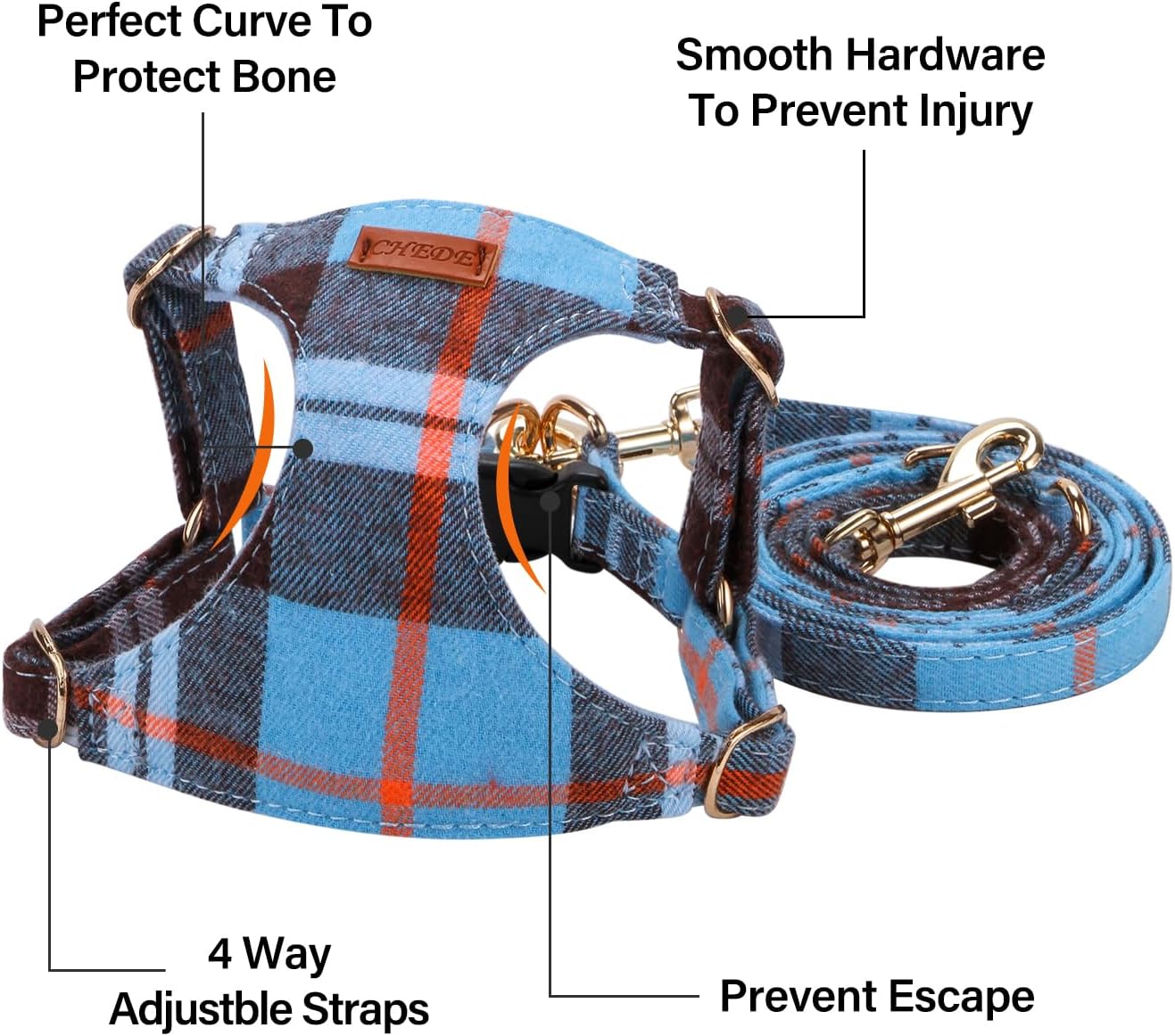 CHEDE No Pull Puppy Harness and Multifunction Dog Leash Set- 8 Colors Soft Adjustable No Choke Escape Proof Cute,Lightweight Pet Vest Harness for Small and Medium Dog (M, Blue Grid)