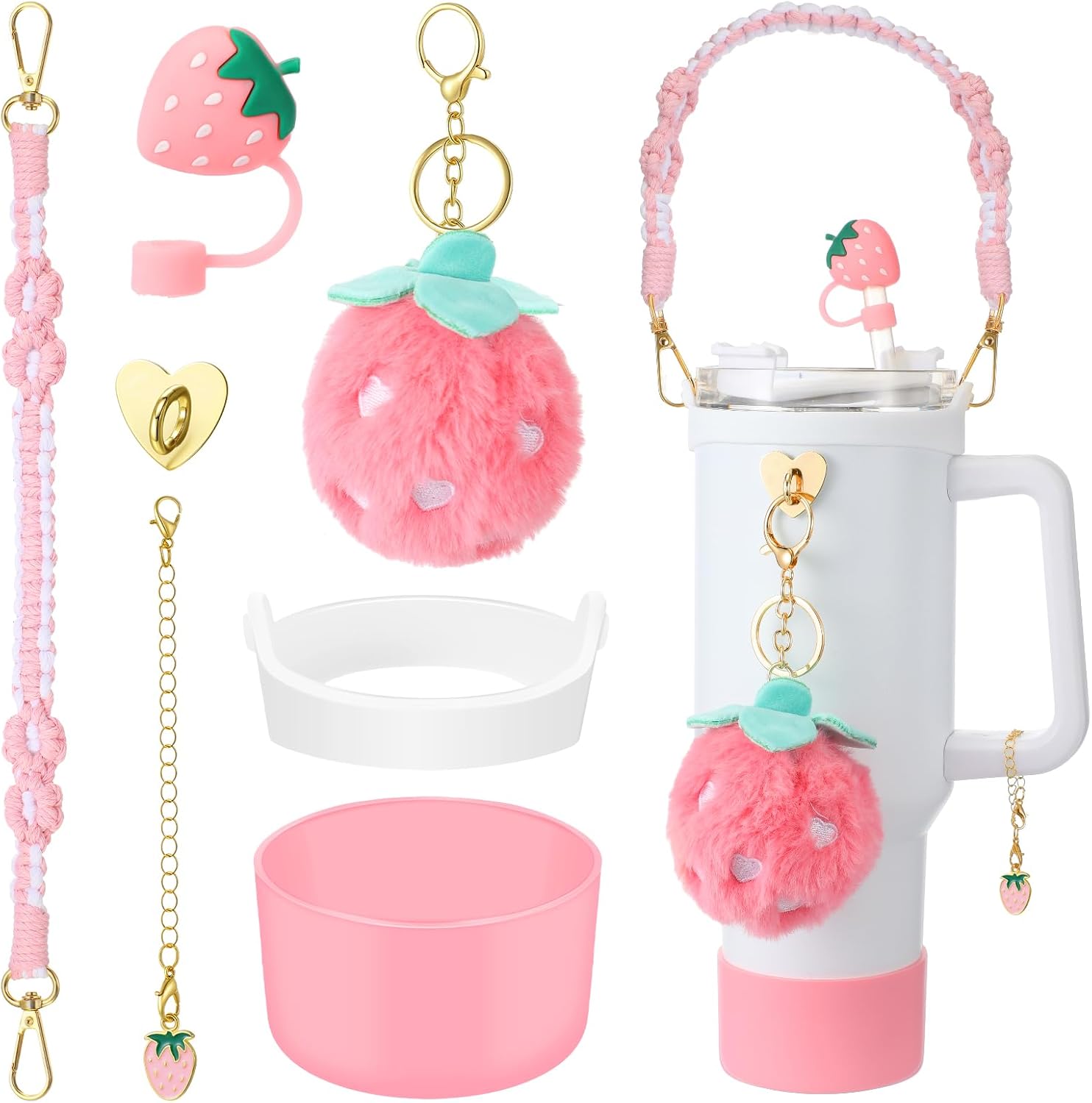 Domensi 6 Pcs Pink Strawberry Accessories Set Compatible with Stanley Cup, Pink Water Bottle Handle Strap Tumbler Silicone Straw Cover Charm Strawberry Plush Keychain Gift Decoration