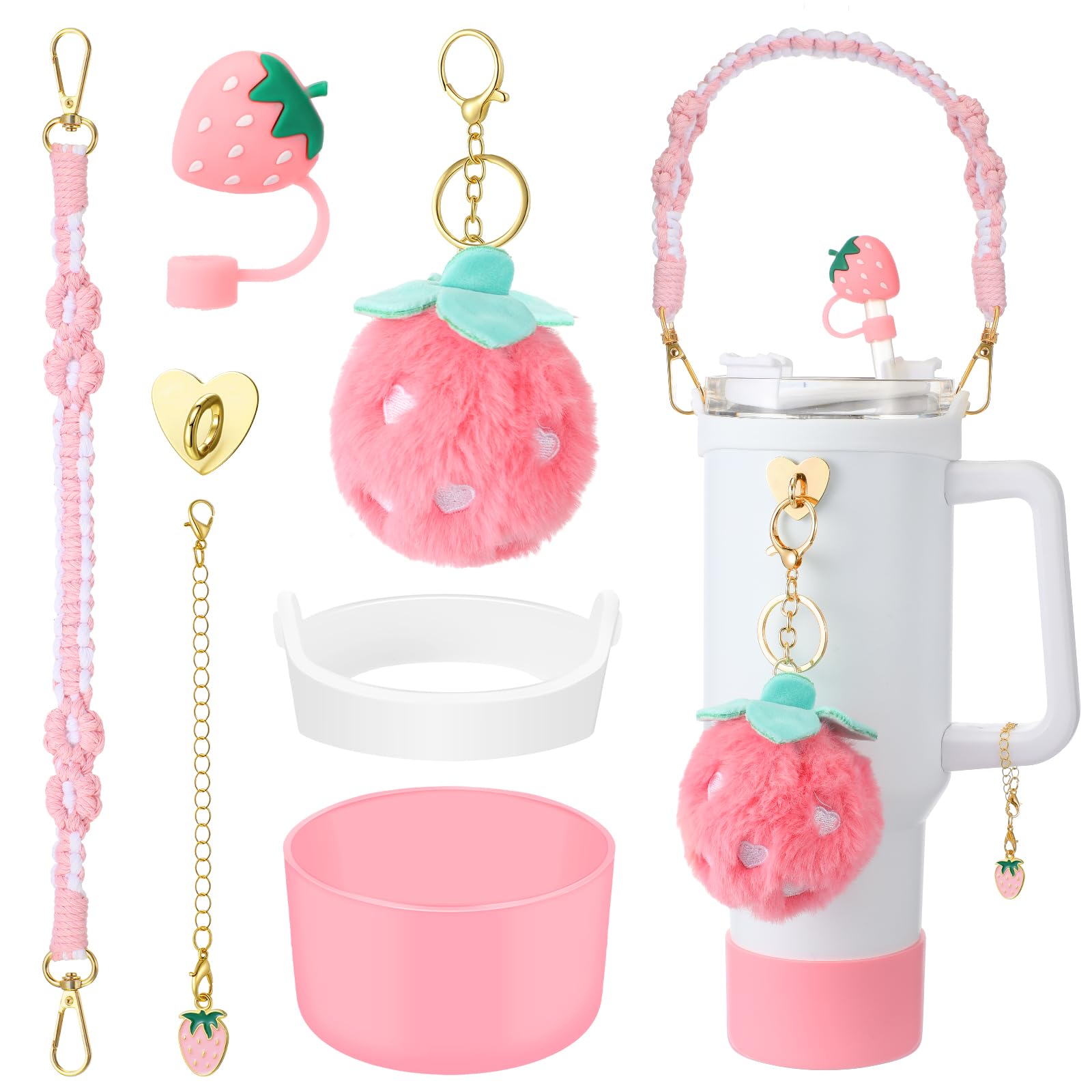 Domensi 6 Pcs Pink Strawberry Accessories Set Compatible with Stanley Cup, Pink Water Bottle Handle Strap Tumbler Silicone Straw Cover Charm Strawberry Plush Keychain Gift Decoration-image-24