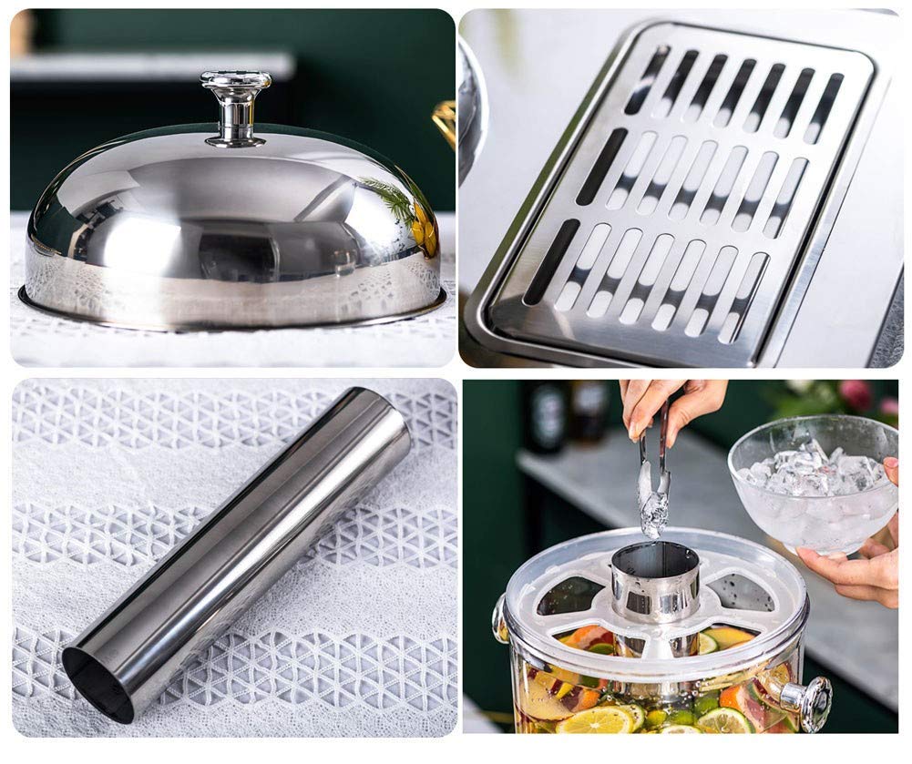 Distributore di succo d'acqua con rubinetto, caldo/freddo, 8 l, dispenser per bevande in vetro con rubinetto in acciaio inox e supporto, per qualsiasi festa e matrimonio