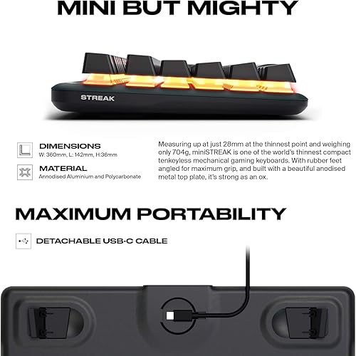 Miniatura 4 de Fnatic miniSTREAK Teclado mecánico TKL silencioso con retroiluminación LED RGB, interruptores rojos silenciosos MX Cherry, pequeño, compacto,