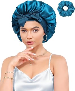 100% Mulberry Silk Bonnet Reversible Hair Bonnet for Women Elastic Tie Band Hair Wrap for Sleeping with Silk Hair Scrunchy(Peacock Blue+Silver Gray)