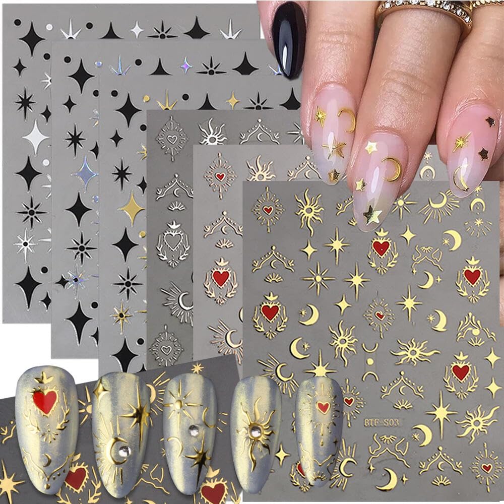 Goodern 6Sheets Sun Star Nail Art Stickers,Bronzing Moon Nail Decals 3D Self-Adhesive Heart Design Nail Stickers,Gold Rose Sliver Moon Sun Nail Decals Design Nail Art Supplies for Women Girls
