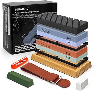 Knife Sharpening Stone Set, Professional 4 Side Grit 400/1000 3000/8000 Premium Whetstone Knife Sharpener with 150/320 Flattening Stones, Leather Strop, Polishing Combination & Angle Guide