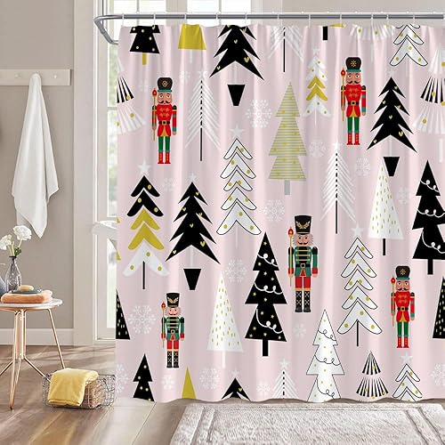 Miniatura 10 de CCXTCZ Cortina de ducha de Navidad, Papá Noel, bola roja, ramas de pino, copos de nieve, Año Nuevo, invierno, vacaciones, tela para decoración de