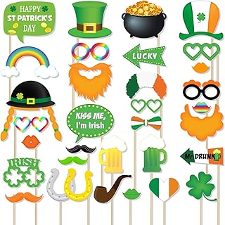 St Patricks Day Photo Booth Props, 33-Pieces Large Fun Selfie Photoshoot Kit, Irish Shamrock Party Decoration Supplies, Gifts for Kid Adult Birthday Photography, Green Dress up Favors Accessories