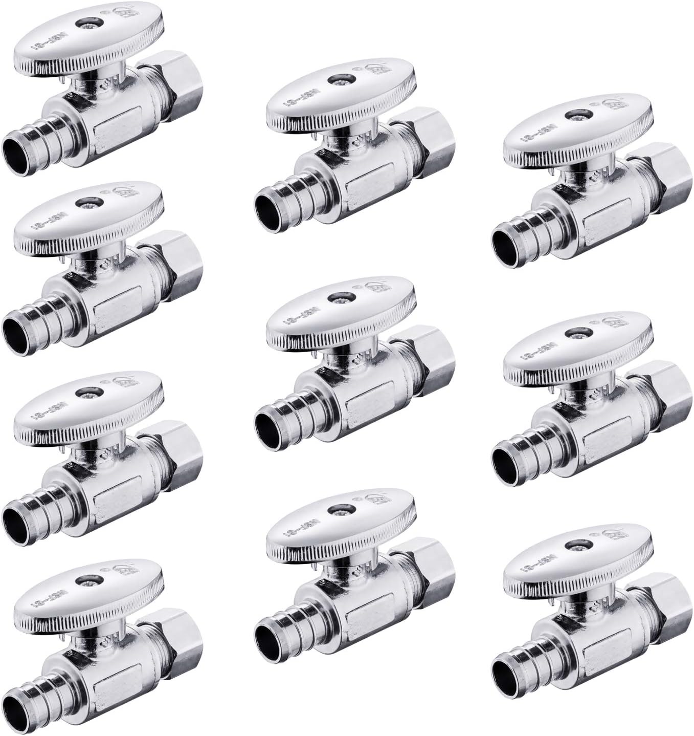 EFIELD Pack of 10 Lead-Free Brass 1/4 Turn Stop Valves - 3/8" OD Compression x 1/2" Crimp Barb PEX, Chrome Plated