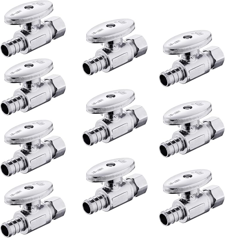 10PCS Efield Straight Stop Valve,1/2" Barb Crimp Pex x 3/8"OD Compression | 1/4 Turn Straight Water Shut Off Valve,Chrome Plated Brass-VALVE088(10)