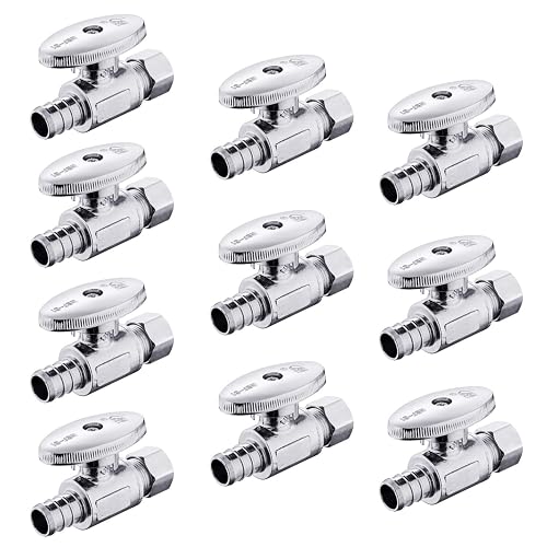 10Pcs Efield Straight Stop Valve,1/2"Crimp Pex x 3/8"OD Comp(VALVE088-10) | 1/4 Turn Straight Water Shut Off Valve,Chrome Plated Brass