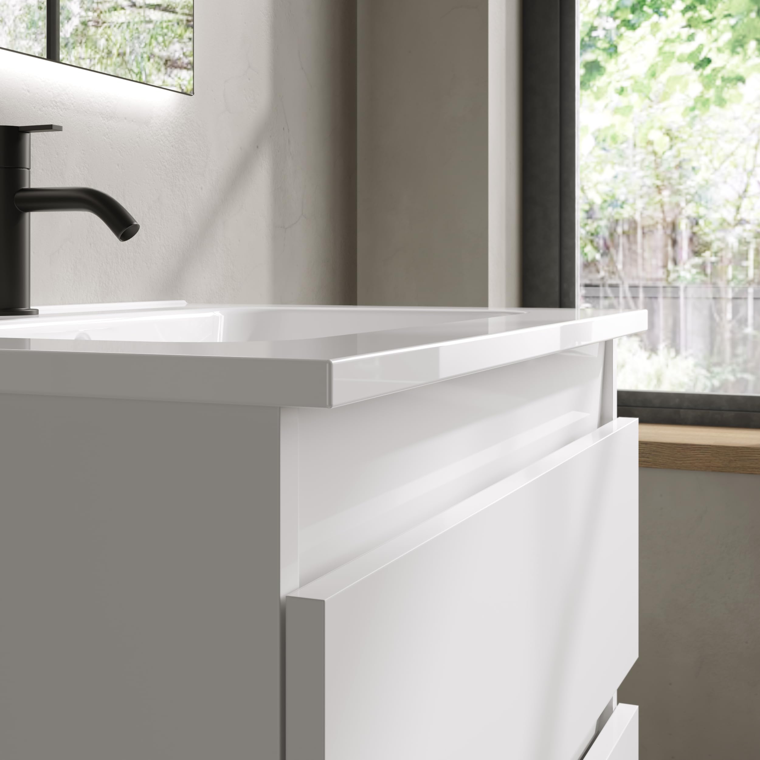 EstiloBaño - Aurora | Conjunto Mueble de Baño SUSPENDIDO con 2 Cajones + Lavabo | Disponible 60-80-100 + Blanco - Nogal 【Ancho 60】 【Nogal】