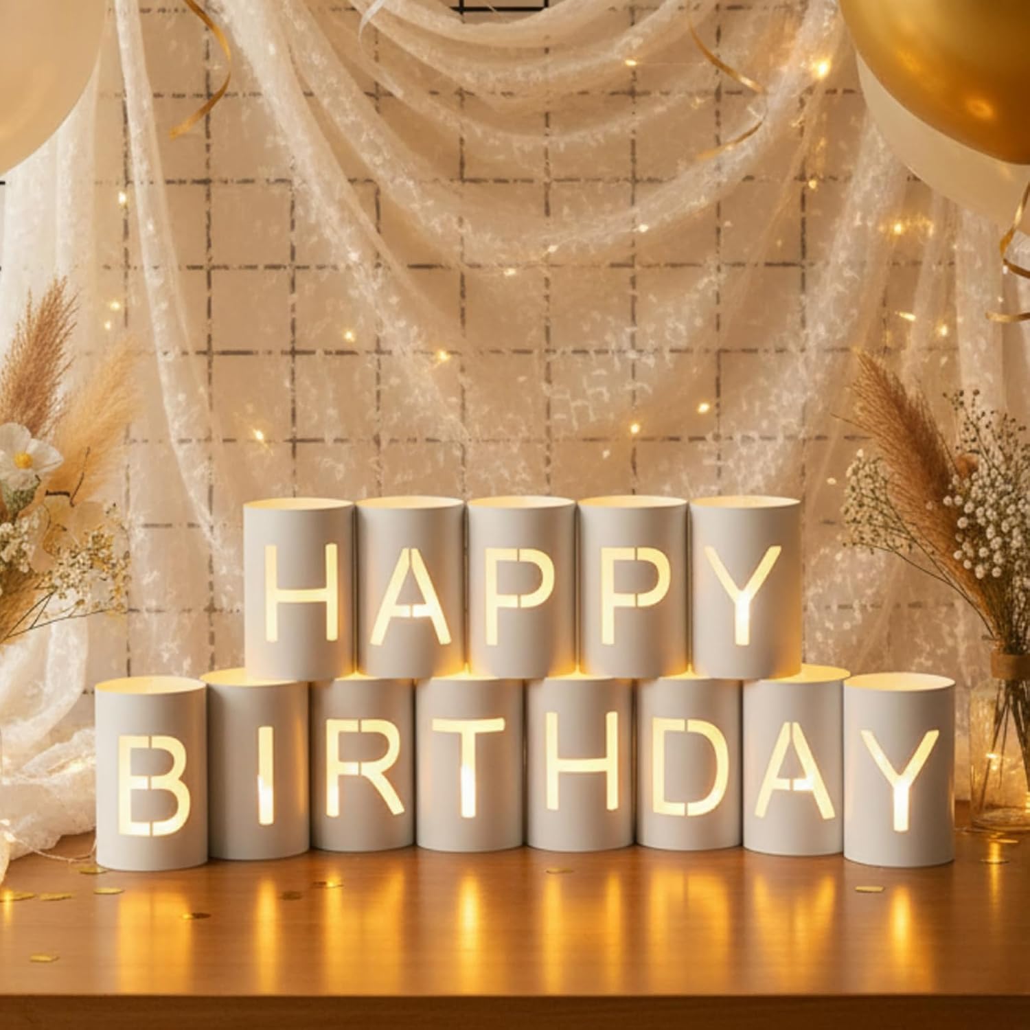 Happy Birthday Decoration for Men Women Include Light up Letters Metal Cans Happy Birthday Sign with Flameless Candles LED Tea Lights for Gift Banner Party Celebration Decoration Reusable