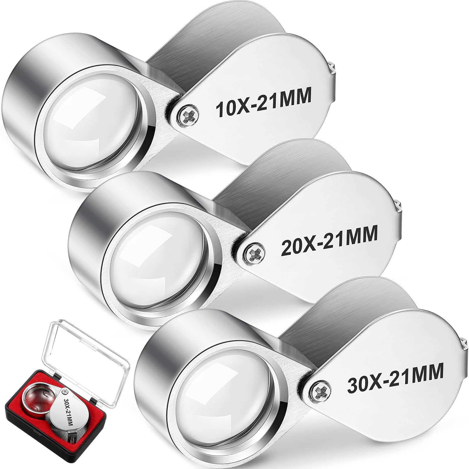 3 Pcs Jewelers Loupe Eye 10X 20X 30X Hand Lens Set,Silver,Normal Style