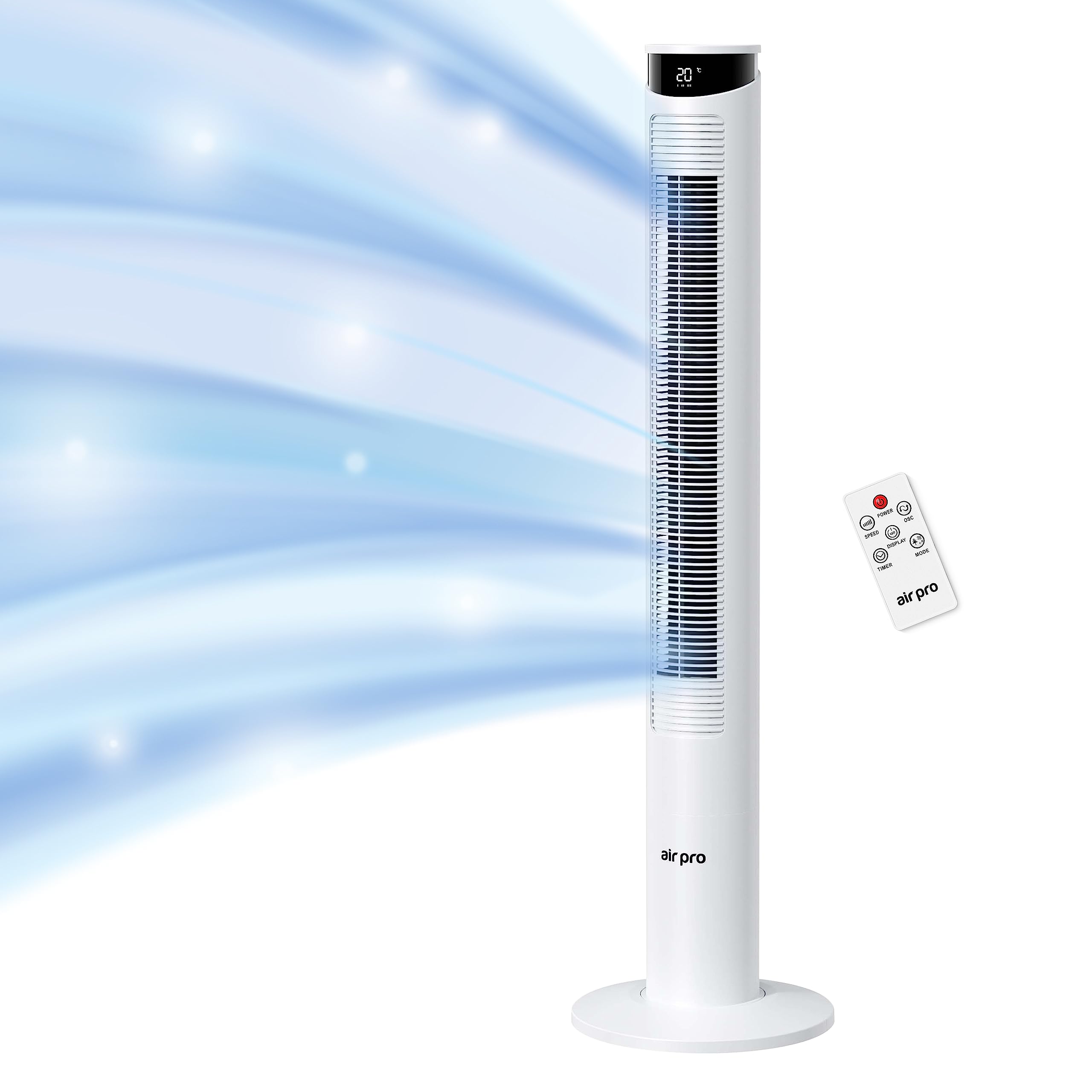 Air Pro Smart 46" Tower Oscillating Bladeless Fan With Remote - Tall Compact 3 Speeds Quiet Cooling - Floor Standing for Home and Office - LED Display, 4 Modes, 12-Hour Timer