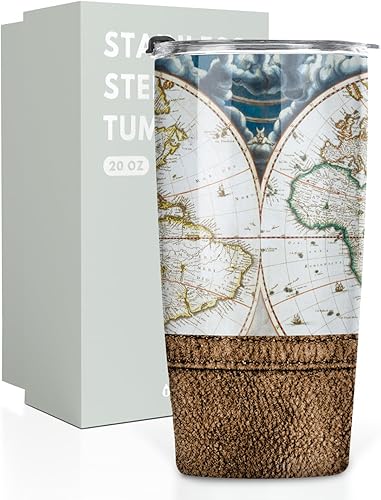 Onebttl Regalos antiguos, vaso de acero inoxidable de 20 onzas con tapa y pajita, regalos de viaje para Navidad, mapa
