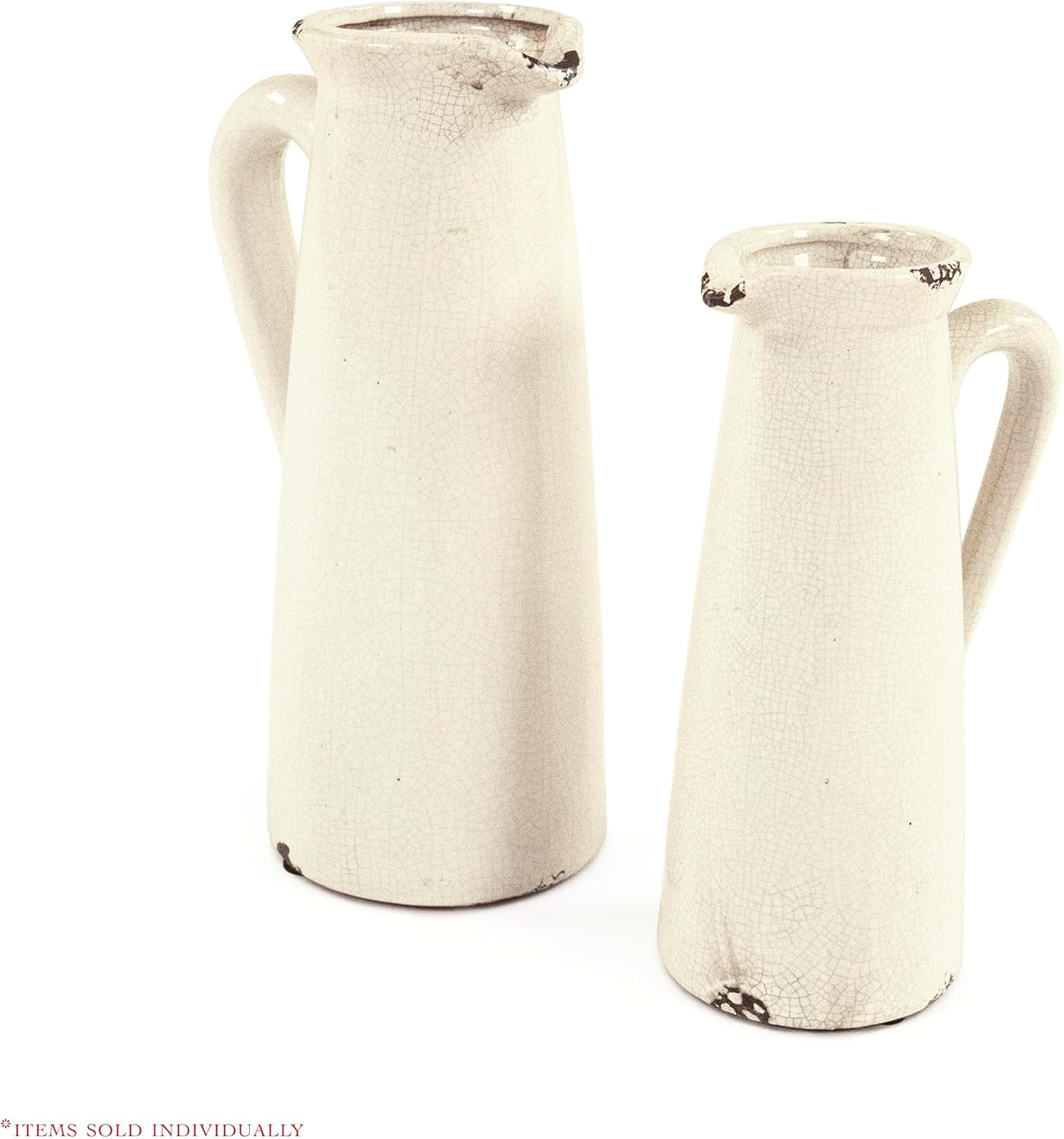 Antique White Ceramic Pitcher – Tall Vintage Crackle Glaze Jug with Handle and Pour Spout – Decorative or Functional Vase for Farmhouse, French Country, or Rustic Decor (Small)