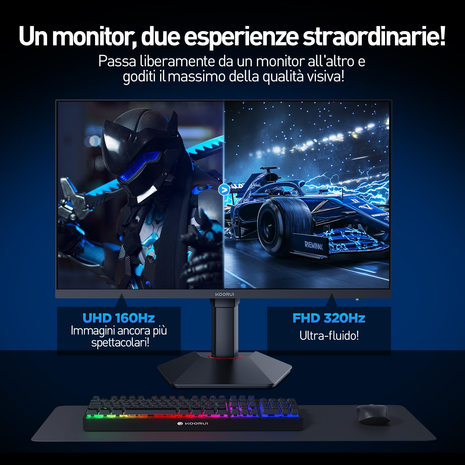 KOORUI G2741L Monitor Gaming 27 Pollici, 4K UHD, 160Hz/320Hz, HDR400, Fast IPS, 1ms, Adaptive Sync, regolabile, HDMI 2.1 * 2+DP 1.4, VESA 75x75mm