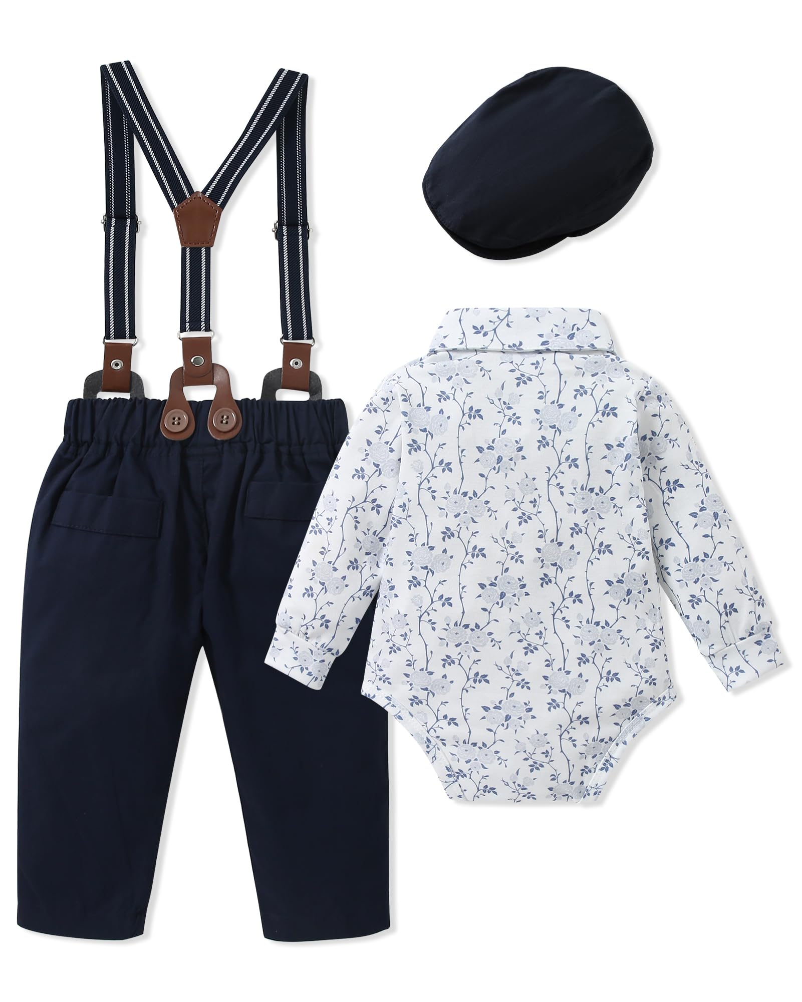 WESIDOM Conjunto de ropa para bebé niño de 0 a 18 meses, camisa, corbatín, boina, pantalones con tirantes, floral, azul marino, 12-18 meses, Floral+azul marino, 12-18 Months