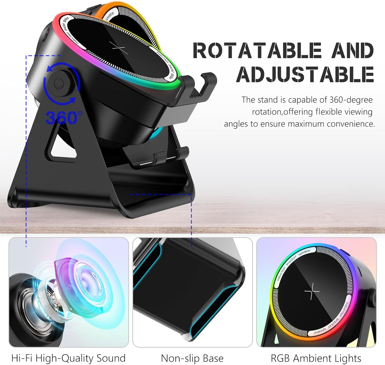 MRMORALE Wireless Induction Speaker, Multifunctional Bluetooth Phone Holder with RGB Light & 360 Rotation, HD Surround Sound, Compatible with iPhone/iPad/Android/Samsung - Image 4