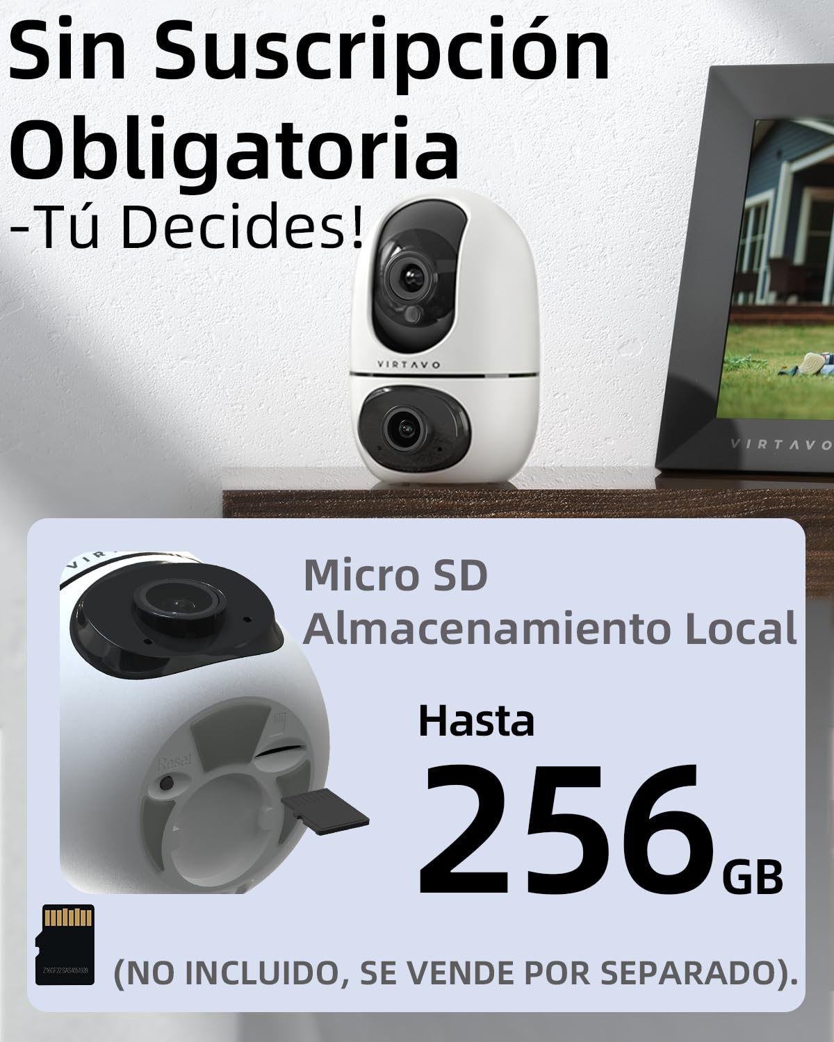 VIRTAVO Cámara Vigilancia Interior 1080P Doble Lente, Visión Nocturna Color Total y Seguimiento IA 360° | Audio Bidireccional, Alertas Móviles | para Bebé, Mascota y Hogar | WiFi 2.4GHz, SD/Nube