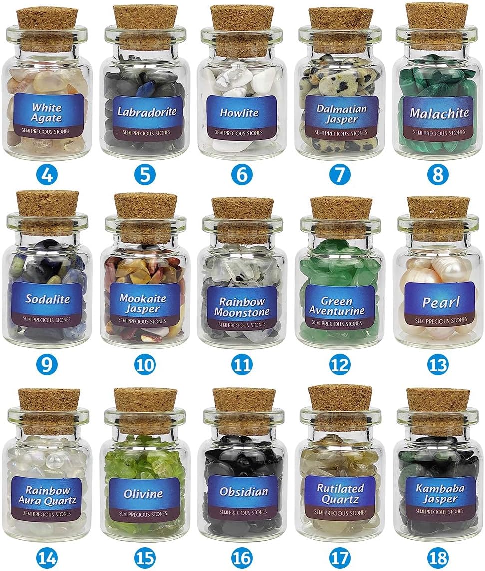 48 Kinds Polished Crystals and Gemstone Chips Set, Mineral Specimens, Healing Stones, Crystals and Stones Chips (48 pcs bottles per set)