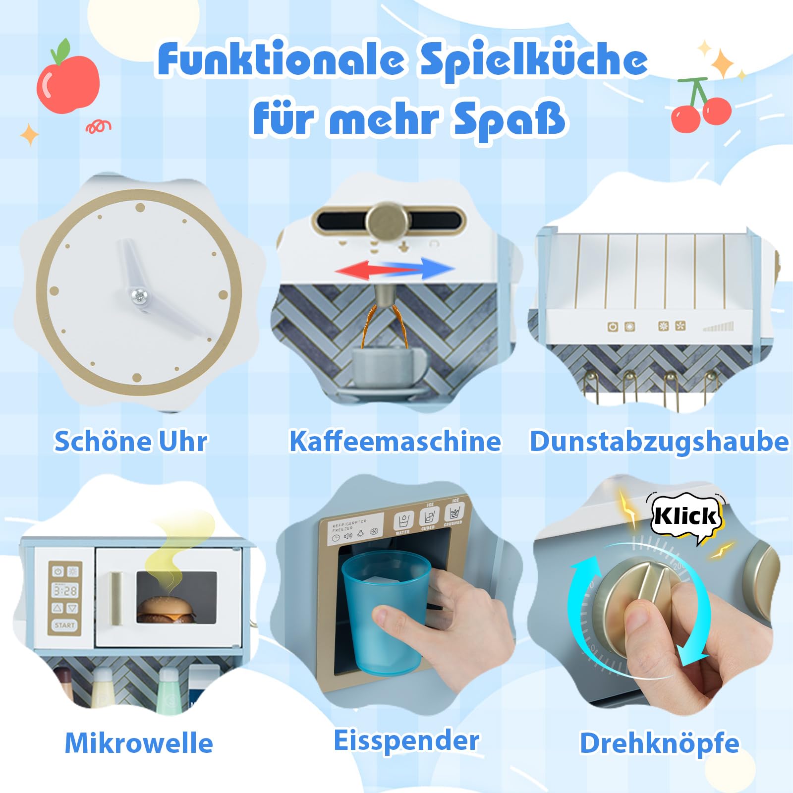 COSTWAY Kinderküche mit Zubehör, Spielküche Holz mit Herd, Wasserhahn, Spüle, Mikrowelle & Kaffeemaschine, Spielzeugküche Holz für Kinder ab 3 Jahren