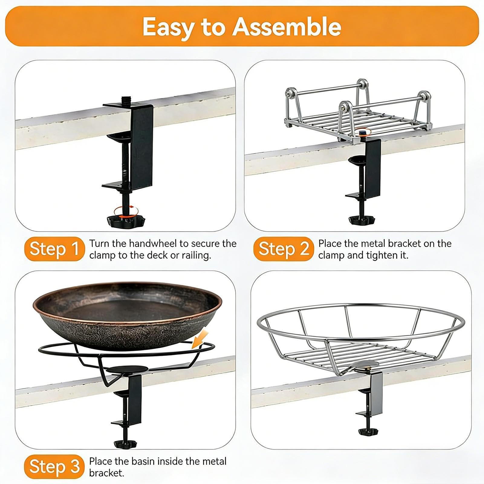 Baño para Pájaros con alimentador de metal con abrazadera ajustable | Bebedero para Aves para Barandilla de Balcón para Exterior, Patio, Terraza, Valla, Porche, Jardín