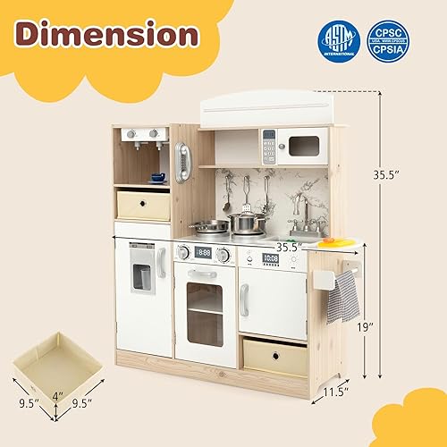 Miniatura 6 de Costzon Juego de cocina para niños, cocina de madera con luces LED de lujo, máquina de hielo, horno, lavadora, teléfono de juego, juego de juguetes