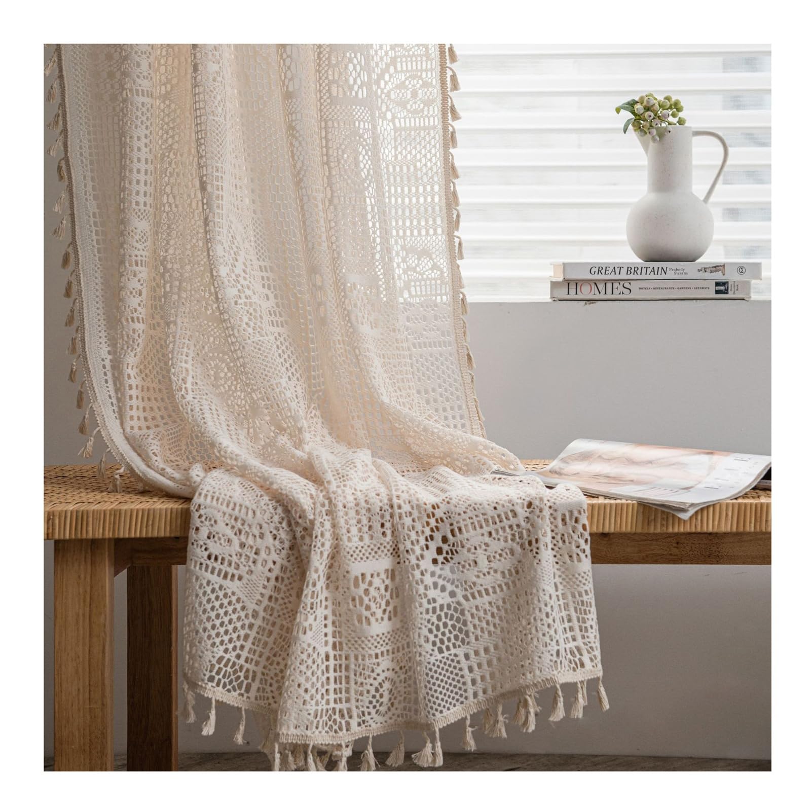 Cortina transparente beige 150x160 cm de algodón con patrón perforado
