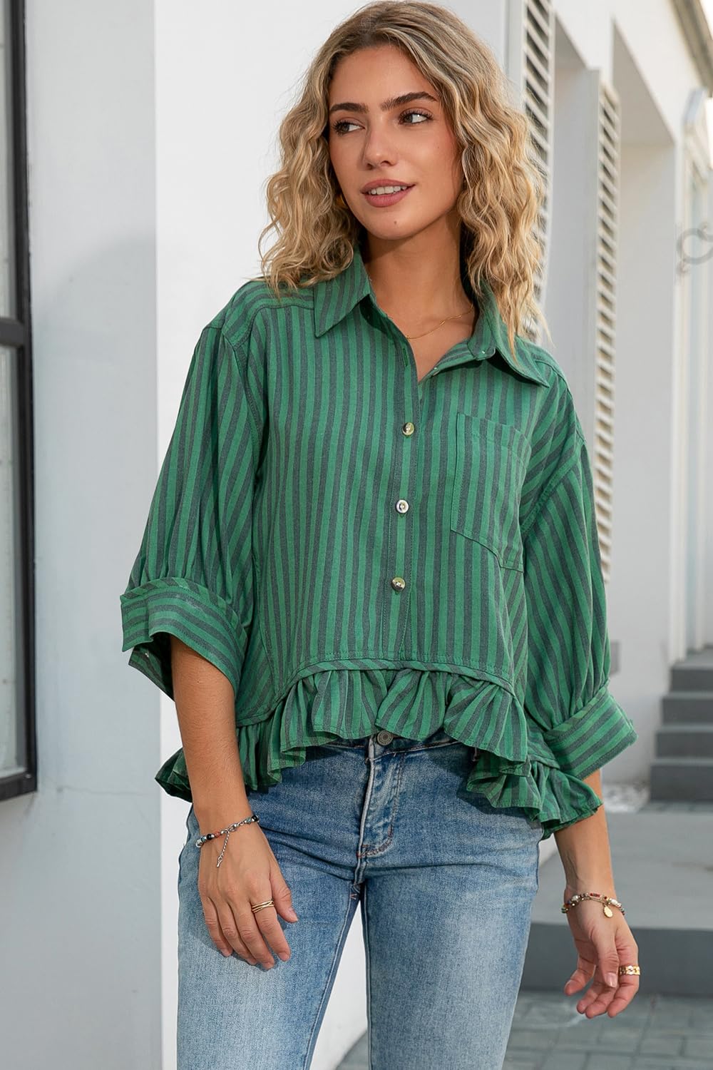 CHYRII Blusa Casual de Verano para Mujer, Manga Corta, con Botones, a Rayas